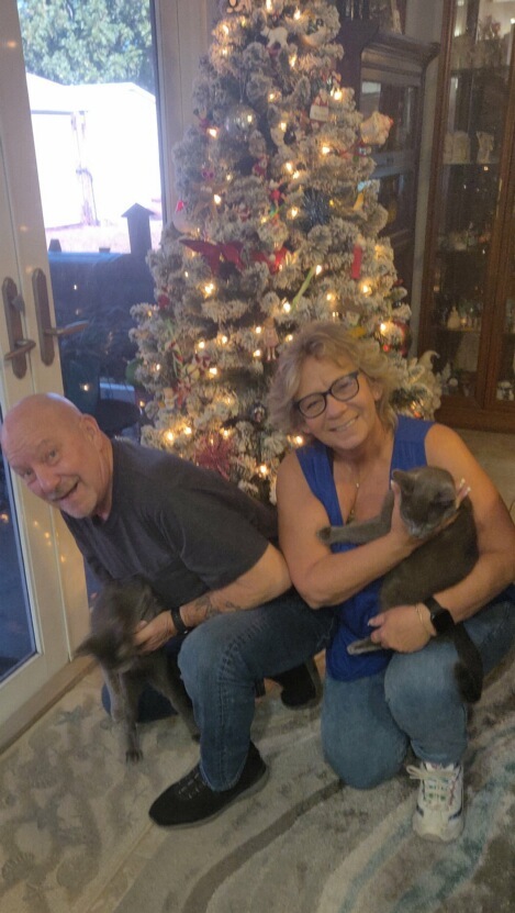 Ballora and Freddy with their new family in front of the Christmas tree.