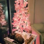 Kiddo laying in front of a beautiful pink Christmas tree.