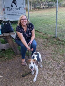 Duke's adoption picture in the yard at Satchel's with his new mom.