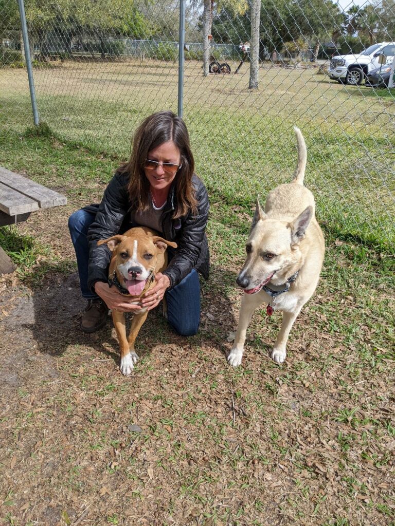 Xoe posing her adoption picture with new mom and canine sibling.