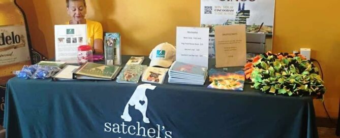 Satchel's table set up with literature. Sally sitting beside it.