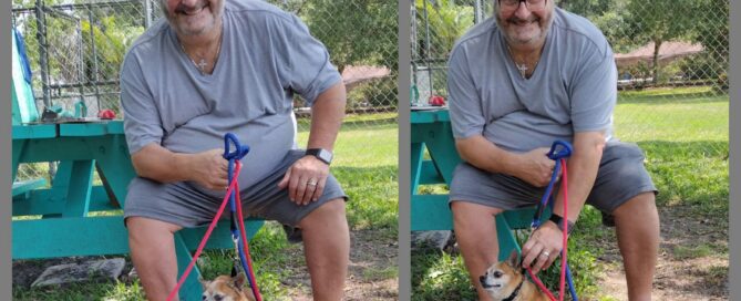 Frazier and Niles at the feet of their new dad, who is sitting down, in the yard at Satchel's.