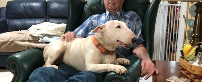 Blanca across dad's lap on the chair.