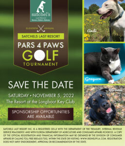 Save the Date Flyer for Pars 4 Paws golf tournament. Shows date and pics of a few animals.