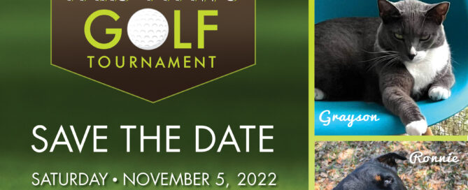 Save the Date Flyer for Pars 4 Paws golf tournament. Shows date and pics of a few animals.