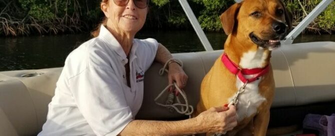 Duey on the boat with his new mom.