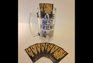picture of a beer stein and gift cards.