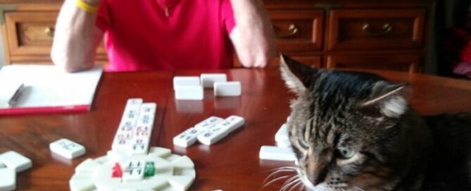 O'Malley playing dominoes with his mom.