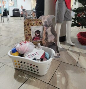 Laundry basket full of donations beside the holiday donation box in the lobby at CORESRQ, Euclid Branch.