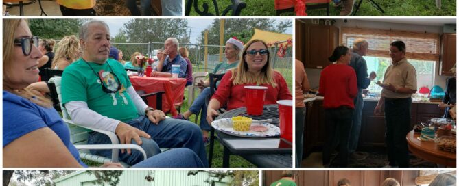 Collage of volunteers sitting at tables and standing chatting in the kitchen at the lunch.