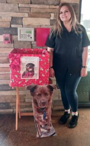 Holiday Donation box in the bar at Oak and Stone. Cutout of Winston and employee standing beside.