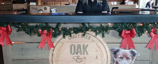 Oak and Stone employee behind the holiday decorated bar. Winston and the holiday box in front.