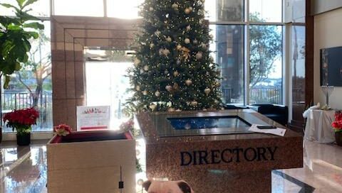 Donation box with Lorenza cutout beside in the lobby with the tree at One Sarasota Tower