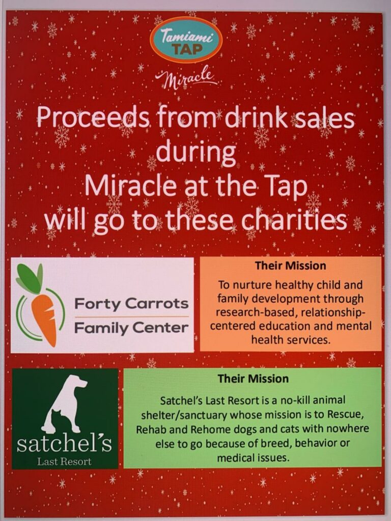 Flyer showing charties supported by Miracle at the Tap - Forty Carrots and Satchel's.