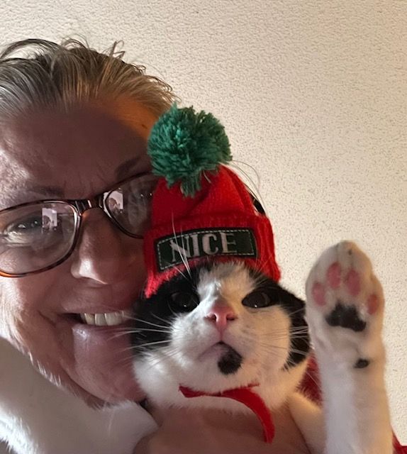 Ember and dad dressed for Christmas.