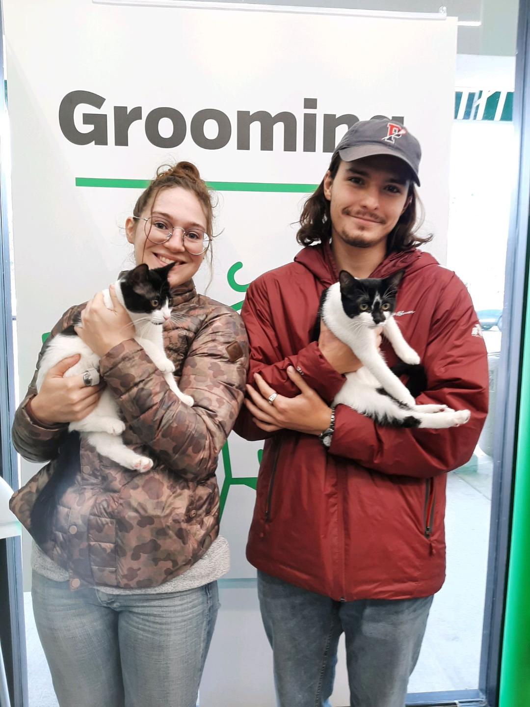 Maple and Mercy in the arms of their new mom and dad at Pet Supplies Plus.