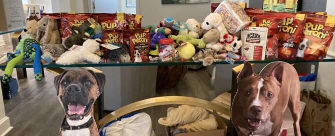 Table of donations with stand ups of Allman and Cowboy sitting in front.