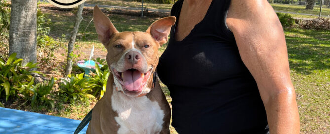 Blaze sitting on the picnic table, Peg standing beside him.