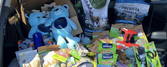 Petco donations in the back of our volunteer vehicle.