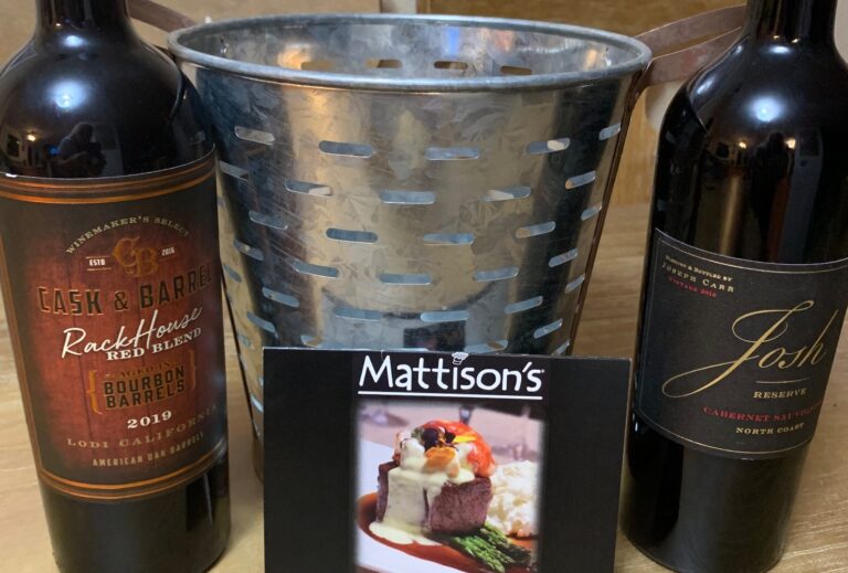 Basket showing wine and Mattison's gift card.