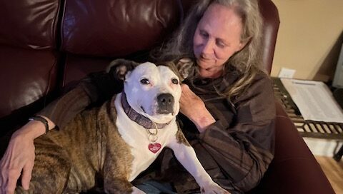 Turtle on his mom's lap on the couch.