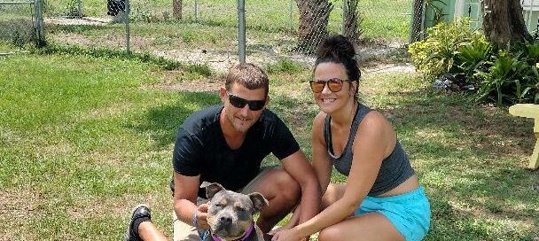 Ravioli laying on the grass at Satchel's with her new mom and dad beside.